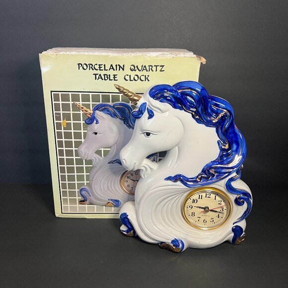 Vintage RARE Hand Painted Porcelain Blue & White Gold Unicorn Quartz Table Clock - Picture 1 of 12